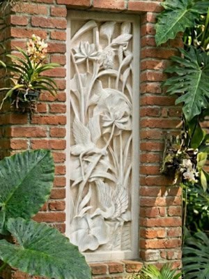 Carved Stone Wall Panel CPS128- 120x40cm -This hand-carved Balinese limestone panel has a unique design that will add a touch of nature to your space.
