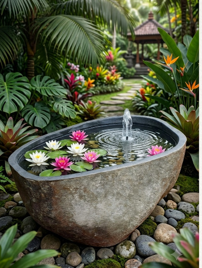 Stone Water Bowl 50cm from CasaPandan handcrafted in Bali for your outdoor design. Water feature with a fountain or a bath for the birds.