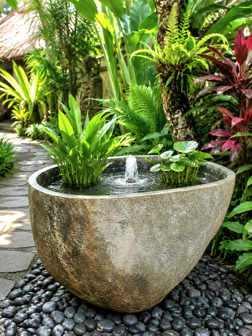 Stone Water Bowl 50cm from CasaPandan handcrafted in Bali for your outdoor design. Water feature with a fountain or a bath for the birds.