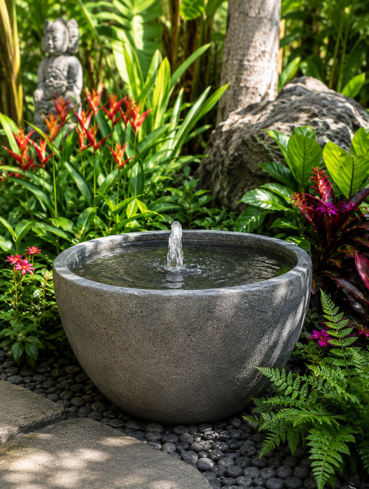 Stone Water Bowl 50cm from CasaPandan handcrafted in Bali for your outdoor design. Water feature with a fountain or a bath for the birds.