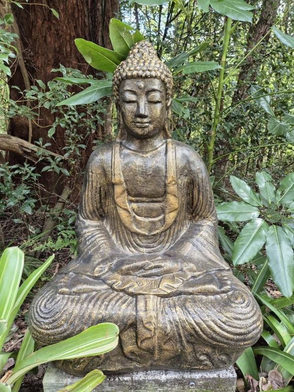 Large Buddha Statue - gold & black- made from (GRC) a stone composite material. Sturdy in the garden to be moved by two people.