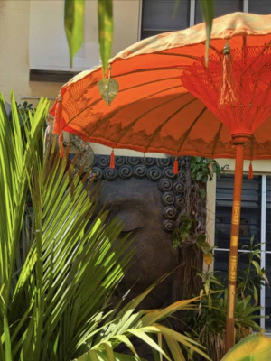 Decorated Balinese Waterproof Umbrella 2m ORANGE CPU10 in gold with hearts and tassels. Handcrafted by skilled artisans in Bali.