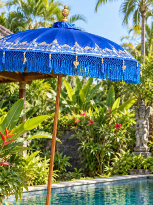 Decorated Balinese Waterproof Umbrella 2m BLUE -CPU7 in gold with hearts and tassels. Handcrafted by skilled artisans in Bali.