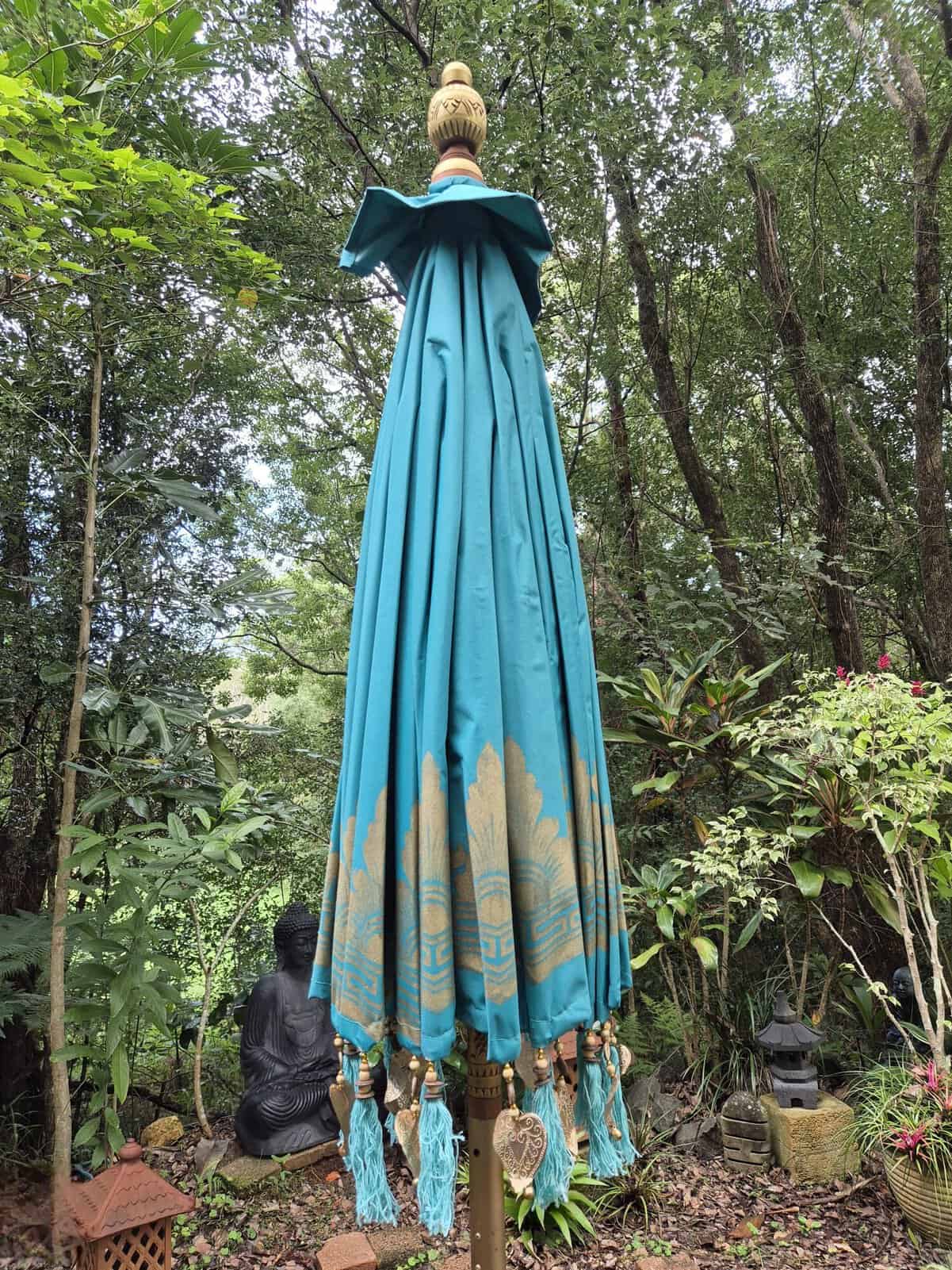 Balinese AQUA BLUE Waterproof Umbrella 2m - CPU15 - Beautifully trimmed in gold with hearts and tassels. Handcrafted by skilled artisans in Bali.