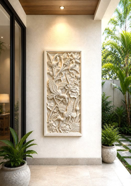Elevate your space with the Bird & Lotus wall panel 100cm - CPD303 from CasaPandan. Handcrafted from durable moulded cement, it's perfect for all spaces.