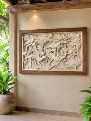 Transform your home or garden with this stunning Brolga & Lotus wall relief 100cm - CPD304 from CasaPandan. Its will bring a serene feel to any space.