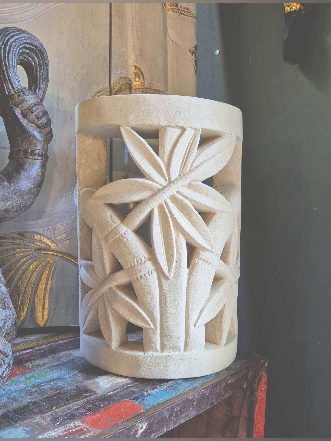 Balinese Carved Stone Wall Light - CPS20 - from CasaPandan. Handcrafted from high-quality Balinese limestone. Perfect for both indoor and outdoor settings.