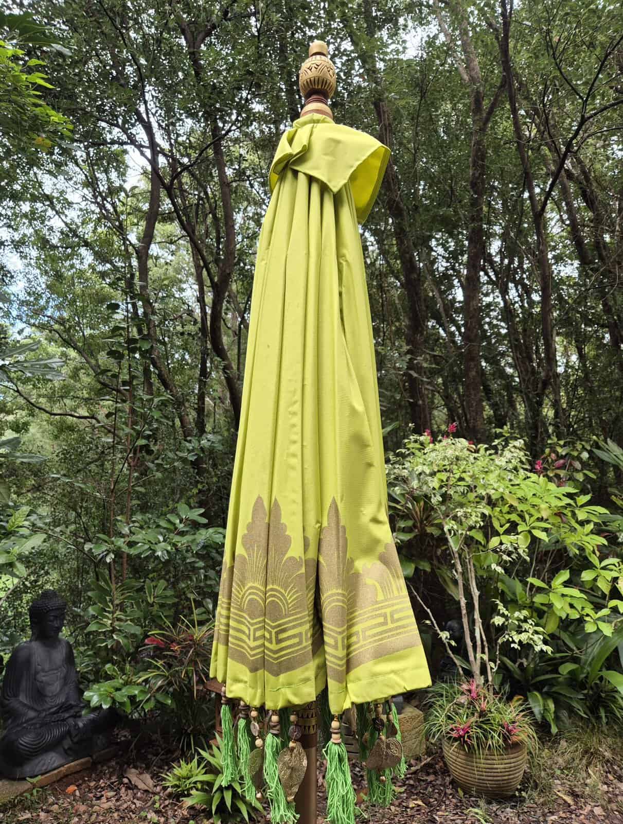 Balinese LIME GREEN Waterproof Umbrella 2m - CPU17 - Beautifully trimmed in gold with hearts and tassels. Handcrafted by skilled artisans in Bali.