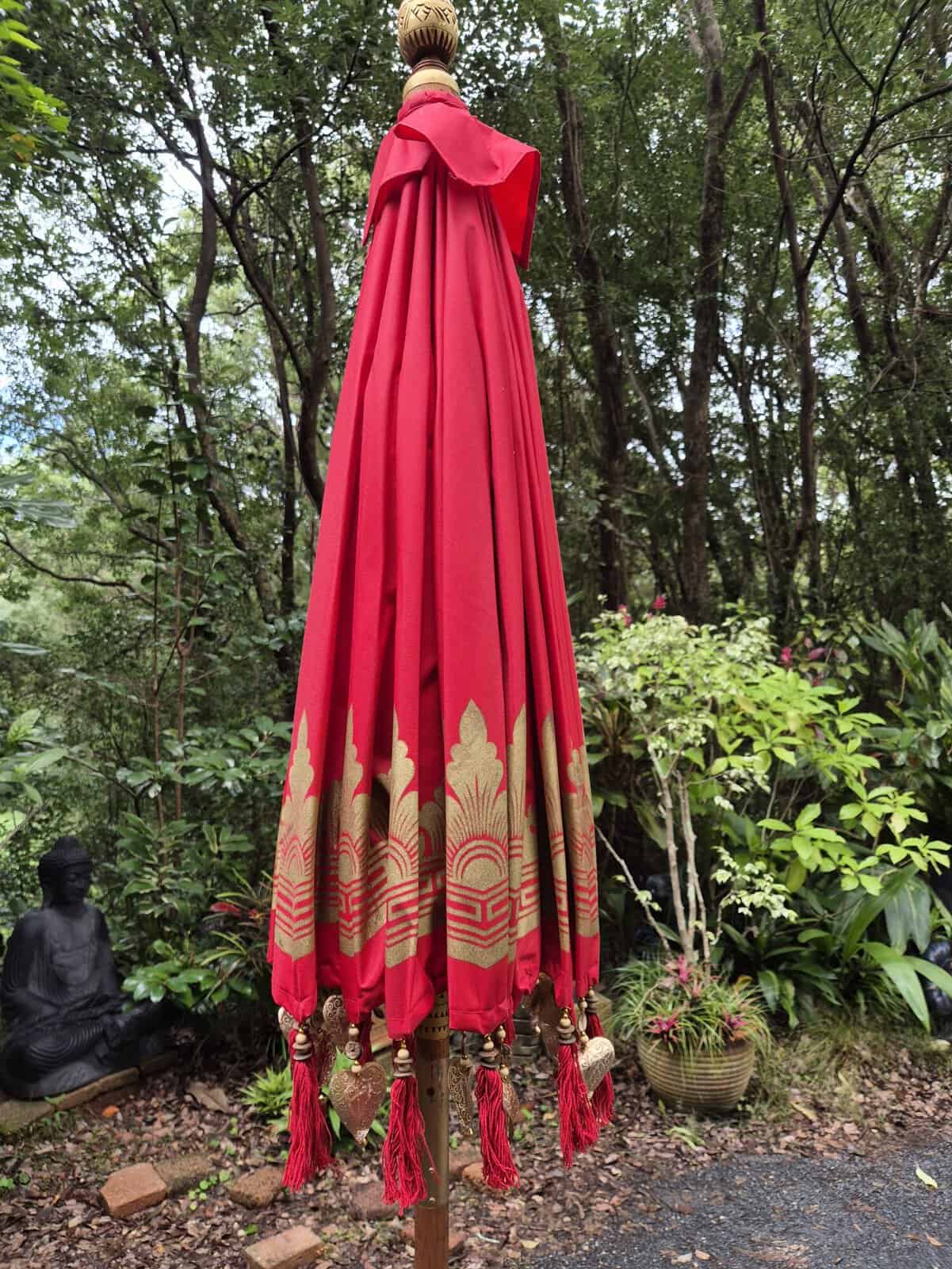 Balinese RED Waterproof Umbrella 2m - CPU22 - Beautifully trimmed in gold with hearts and tassels. Handcrafted by skilled artisans in Bali.