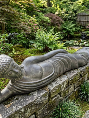 Discover the 150cm Reclining Buddha at CasaPandan. Crafted from durable GRC stone composite, it is perfect for long-lasting outdoor garden decor.