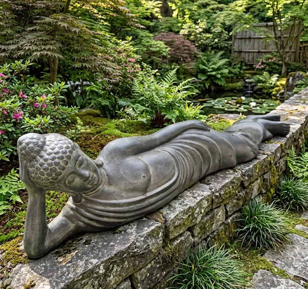 Discover the 150cm Reclining Buddha at CasaPandan. Crafted from durable GRC stone composite, it is perfect for long-lasting outdoor garden decor.
