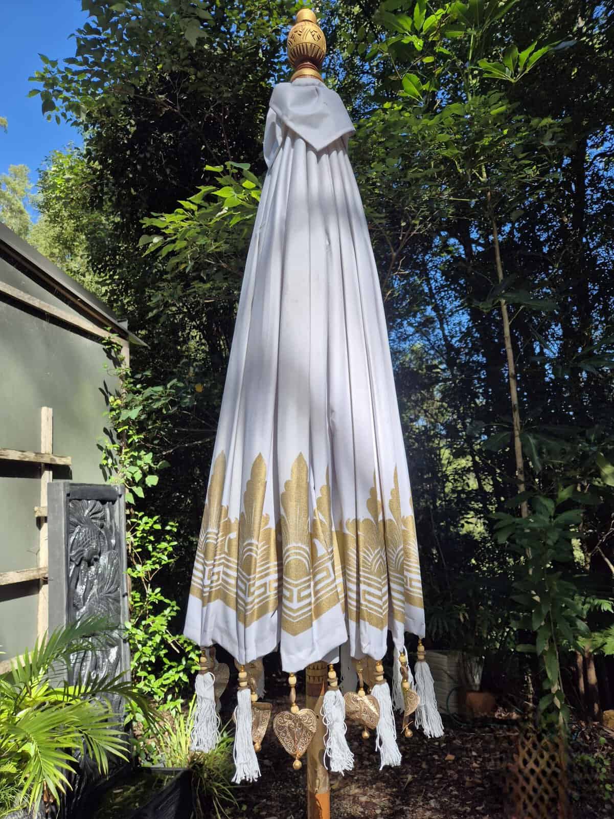 Decorated Balinese WHITE Waterproof Umbrella 2m -CPU11 in gold with hearts and tassels. Handcrafted by skilled artisans in Bali.