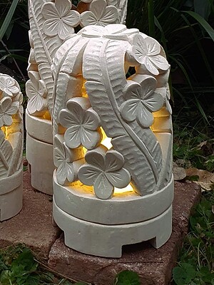 Limestone Garden Lights- LEAF design- from CasaPandan. Limestone lanterns are great for interior or outdoor spaces, can be powered or candlelight.